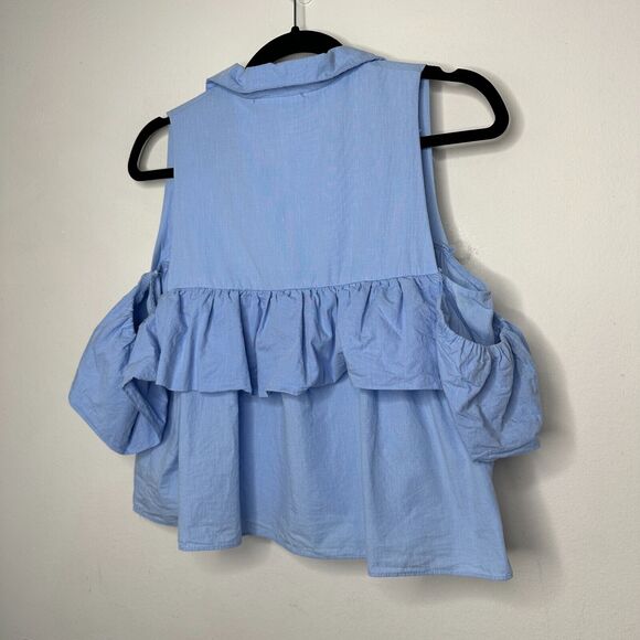 Chic Light Denim Blue Ruffled Cold Shoulder Half Front Button Flowy Blouse Small - Picture 11 of 13